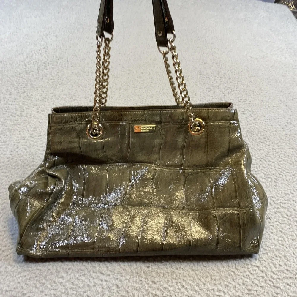 Kate Spade New York‎ Shoulder Bag Womens Green Croc Embossed Patent Chain Tote